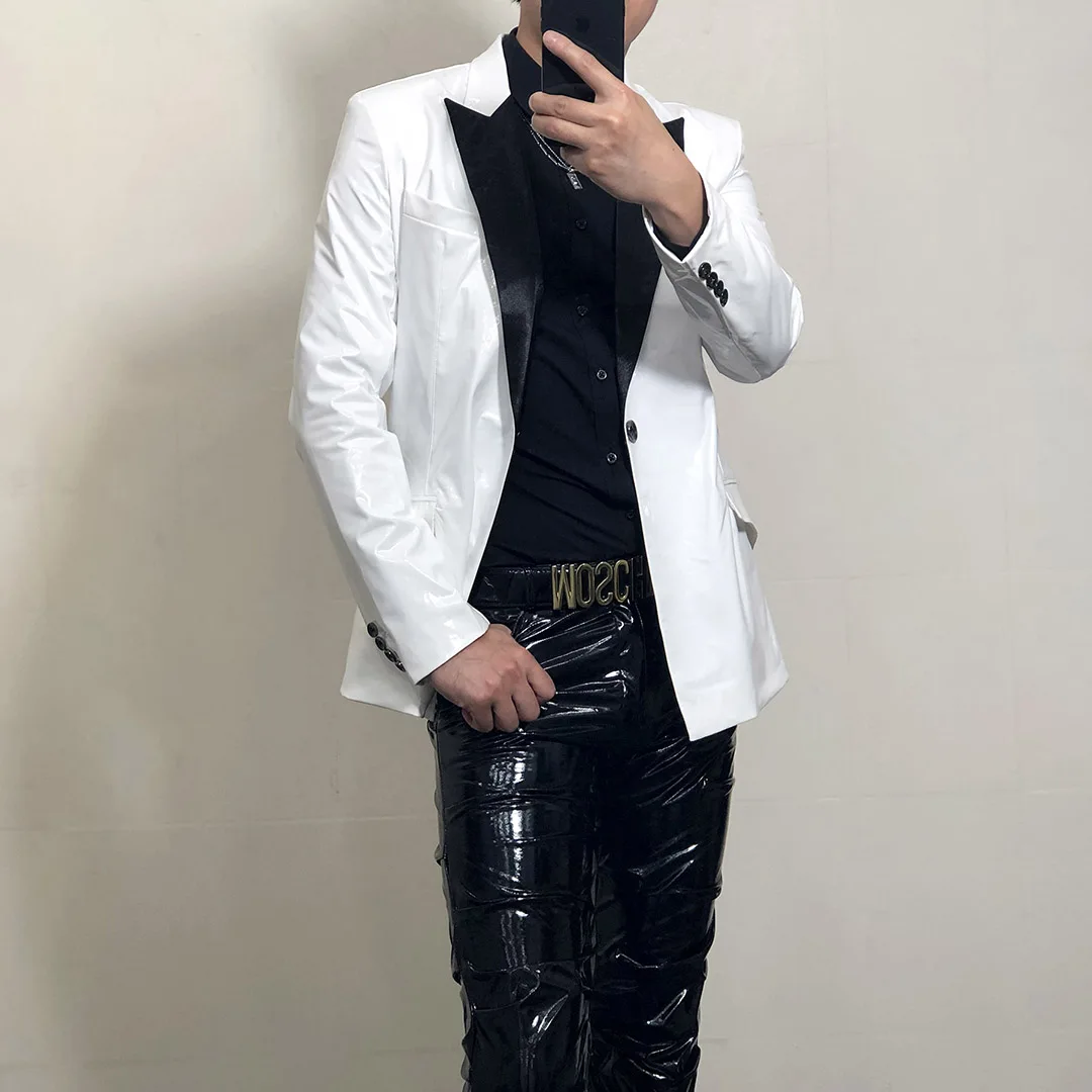 Black Collision Neck Mirror Pure White Glossy Leather Suit For Men's Slim Fit Single Button Banquet Stage Performance Dress