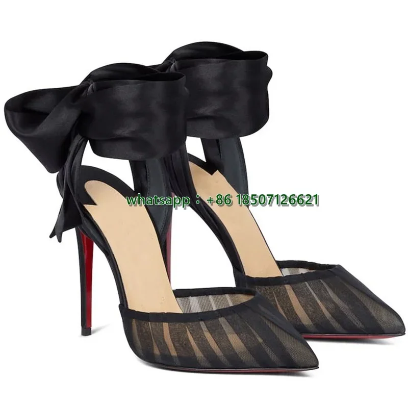 Schwarze Mesh-Schuhe mit Knöchelbindung und Schleife, große Größe, spitze Stiletto-Sexy-High-Heels