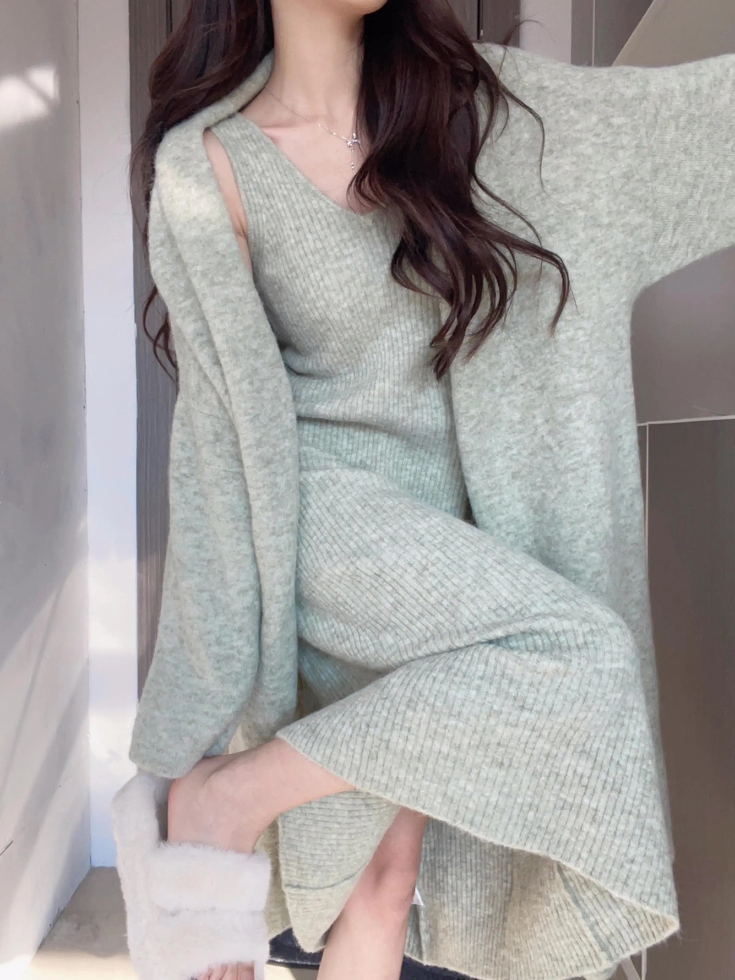 Knit cardigan Sweater Two-piece Suit Women Spring and Autumn Sling Dress Salt System Young Small Man Wear A Complete Set