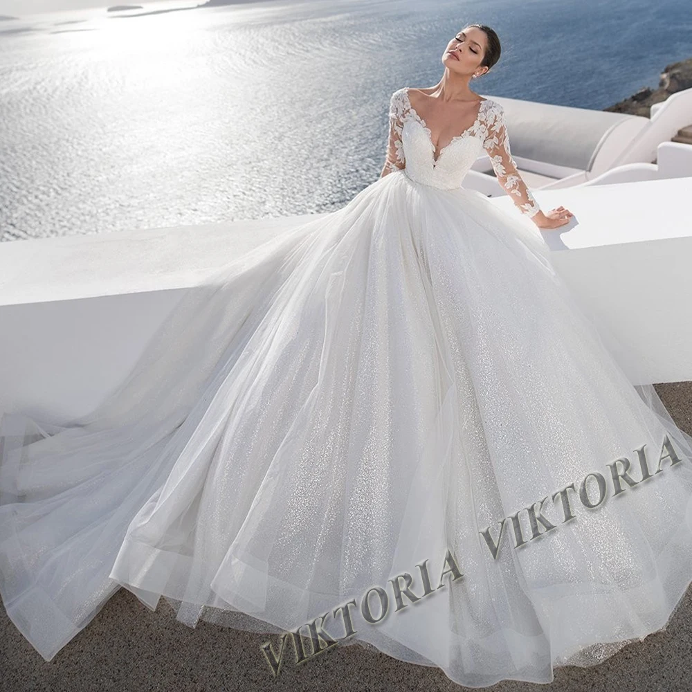 VIKTORIA Glitter Wedding Dresses For Woman 2024 Bridal V-neck Long Sleeves A-LINE Appliques Vestidos De Novia Customized