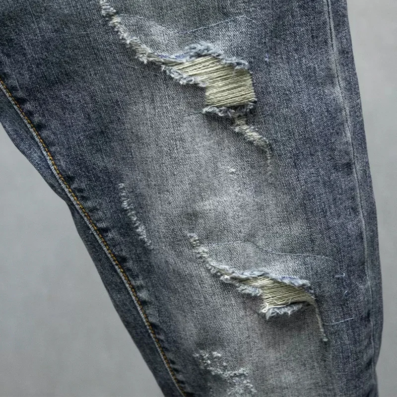 Fashion Designer Men Jeans High Quality Retro Blue Elastic Skinny Fit Hole Ripped Jeans Men Vintage Denim Pencil Pants Hombre