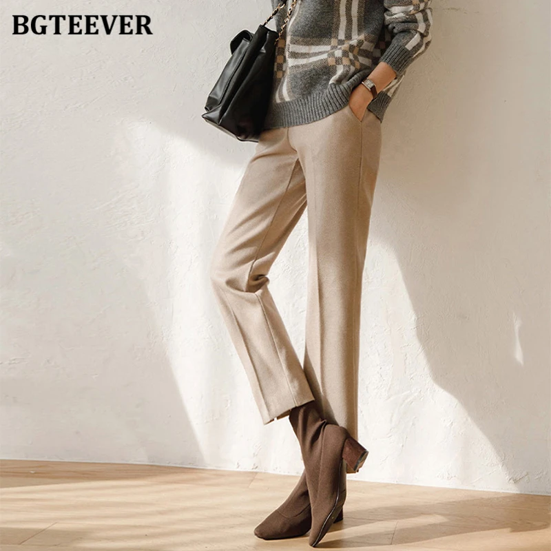 BGTEEVER Elegant Thick Warm Woolen Suit Pants Women Stylish High Waist Loose Pockets Straight Female Trousers Winter