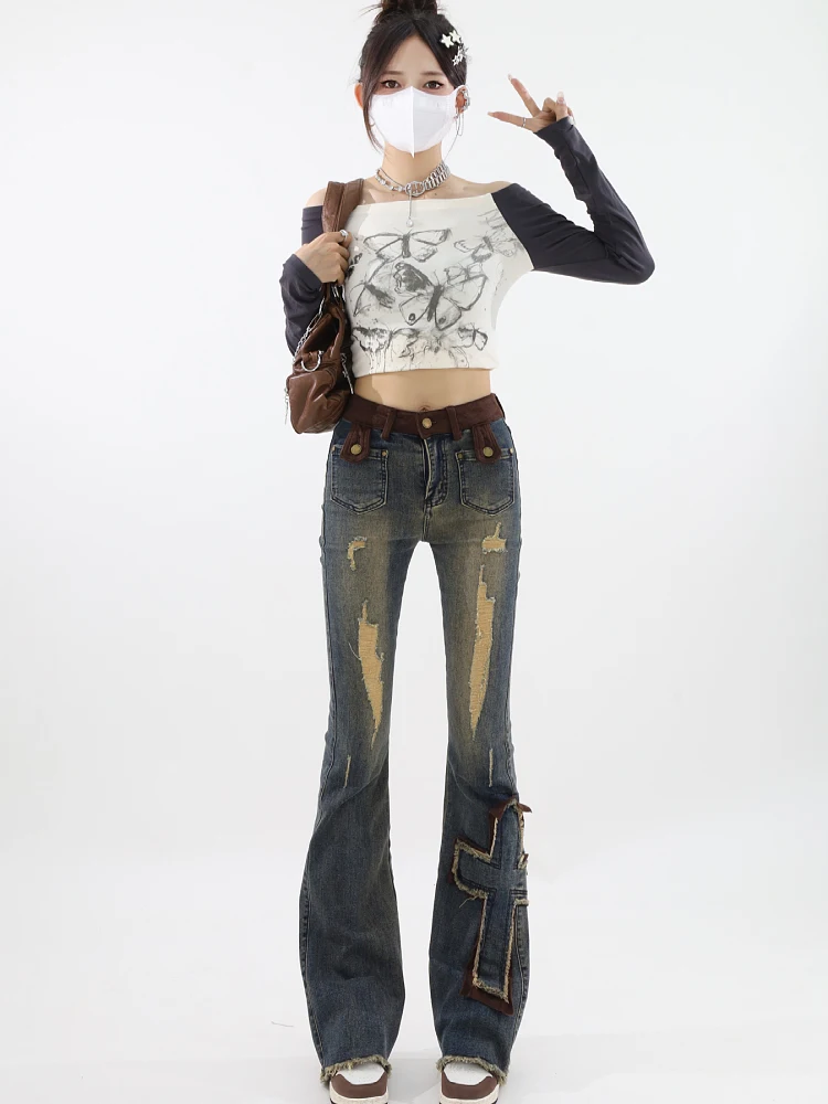 2023 Women Vintage Blue Ripped Flare Jeans Y2k Wide Leg Denim Pants 90s Aesthetic Baggy High Waist Jeans Korean Trousers Clothes