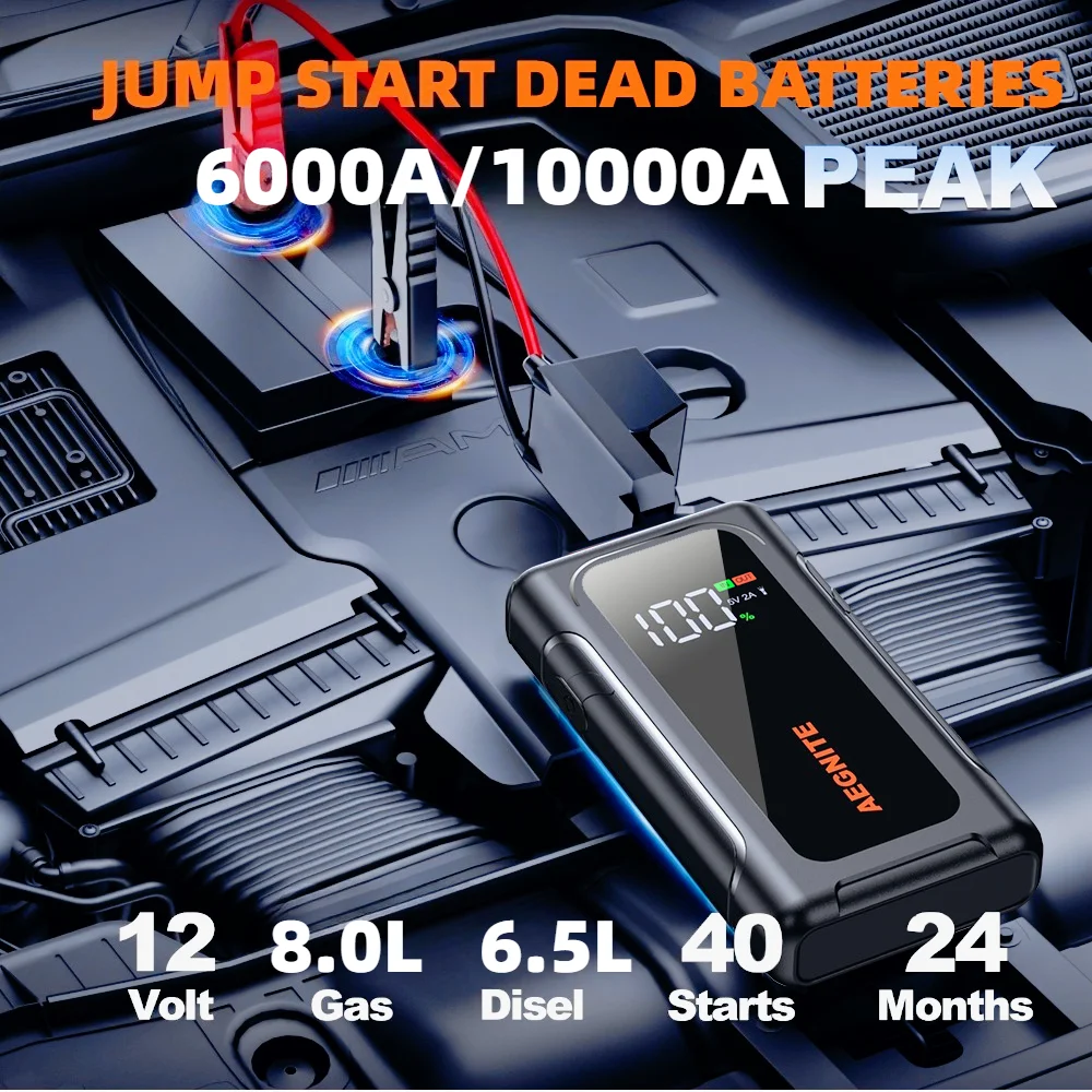 AEGNITE 10000A 4-in-1 Portable Car Emergency Start Jump Battery Charger 12V with Optional  LED Light USB Type-C & USB Output Quick Charge
