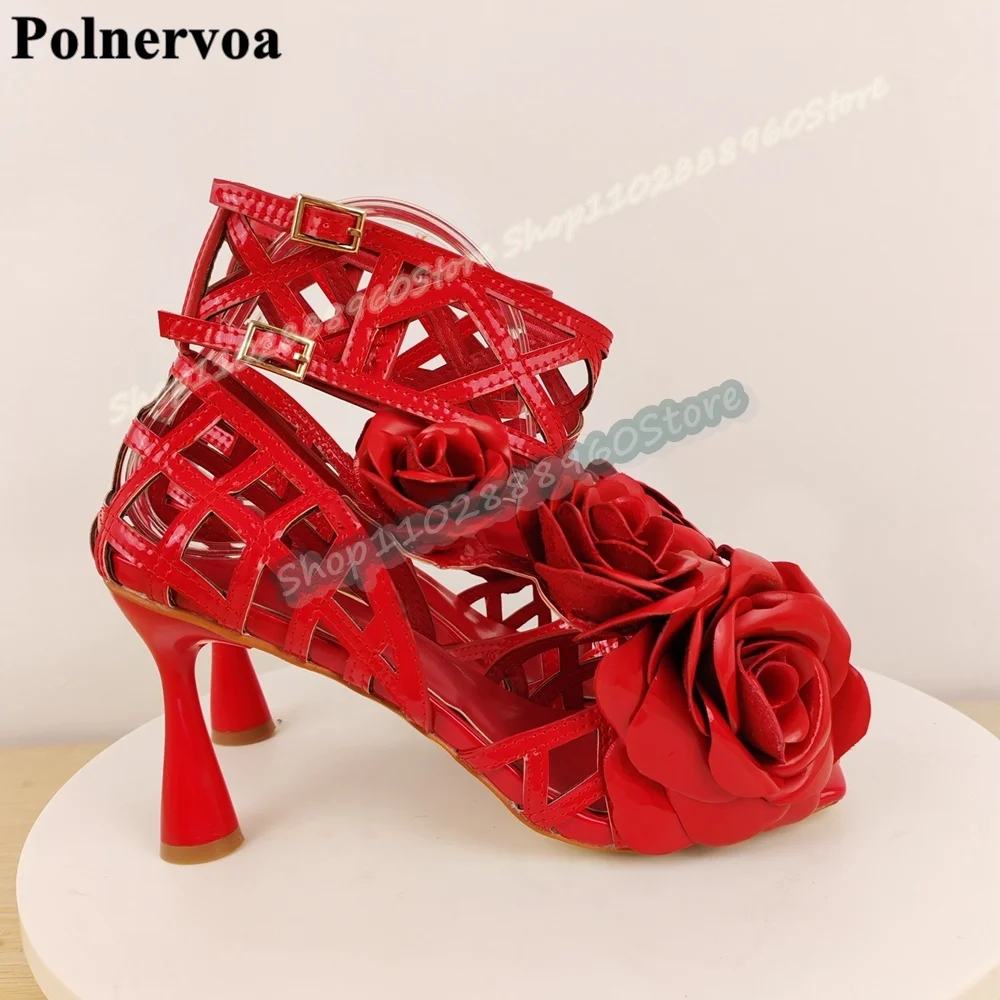 

Red Patent Leather Narrow Strap Flower Sandals Strange Style Heel Women Shoes Ankle Buckle Strap Open Toe Party Stylish Shoes