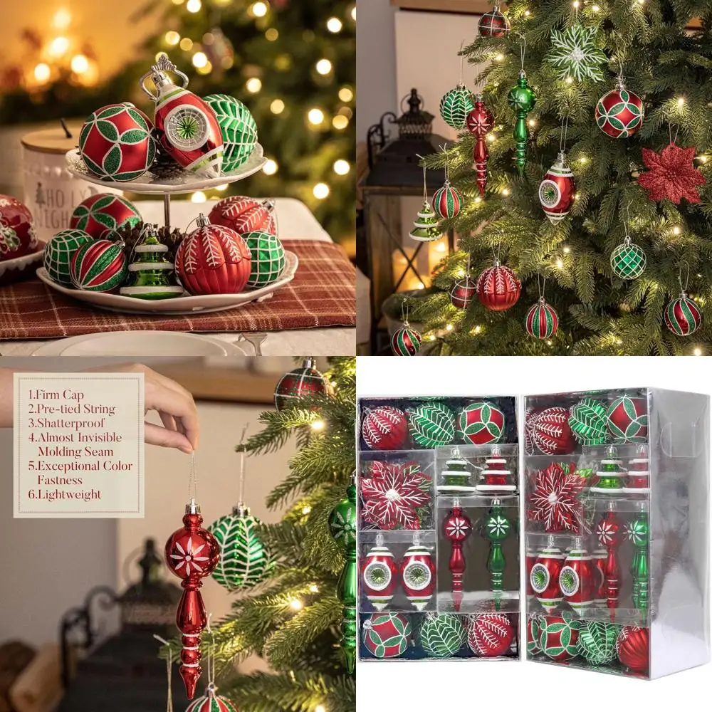 

50ct Red, Green, White Shatterproof Christmas Tree Ornaments Set, Vintage Variety Decorative Hanging Balls for Holiday Party and