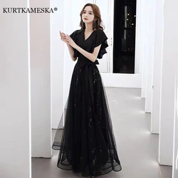 Black Wedding Dresses for Bride Elegant Sexy V Neck Bow Tie Decoration Long Formal Prom Evening Guest Party Women Dress Summer