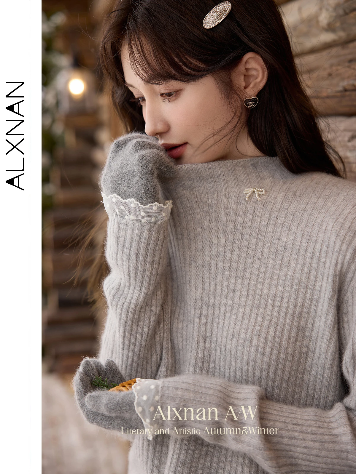 ALXNAN Gray Round Neck Pullover Women Winter Sweater Slim Warm Temperament Patchwork Lace Long Sleeve Knitted Clothing L52561