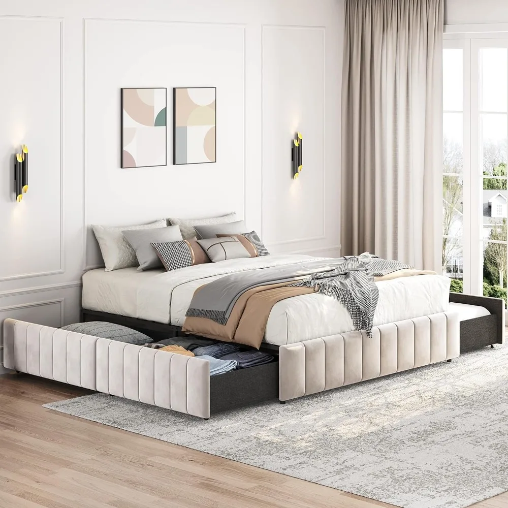 

Queen Bed Frame Upholstered Platform Bed with 4 Storage Drawers, Large Storage Space/Strong Wooden Slats/Non-Slip