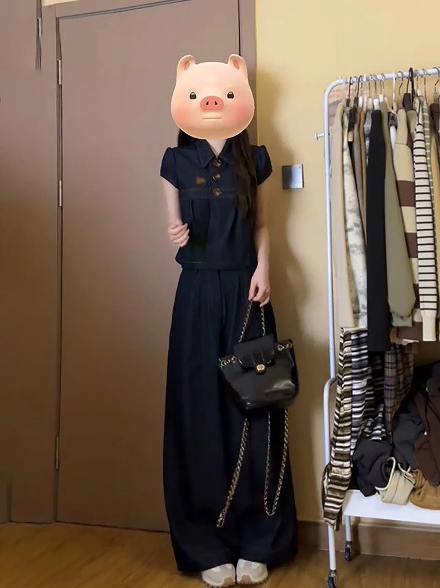 

Retro Korean Artistic Loose Short Sleeve Denim Top High Waist Wide Leg Pants Small Size Versatile Two Piece Set Casual Fashion