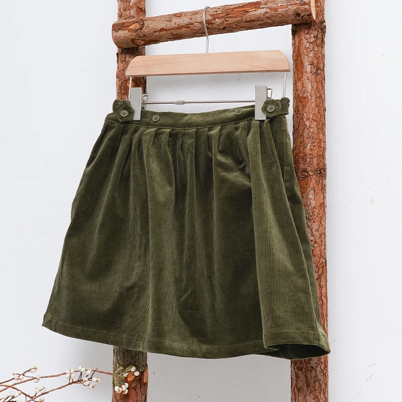 Retro Cord-Minirock mit hoher Taille für Mädchen, Frühlingsneuheit, verstellbare Knöpfe, elastische Taille, locker sitzende Kinderröcke, Mädchen-Winterkleidung – Detail 4