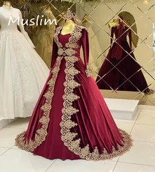 Dubai Abaya Wine Evening Dress Elegant Long Sleeve Moroccan Kaftan Prom Gold Appliques Velvet Party Vestido De Novia Customized