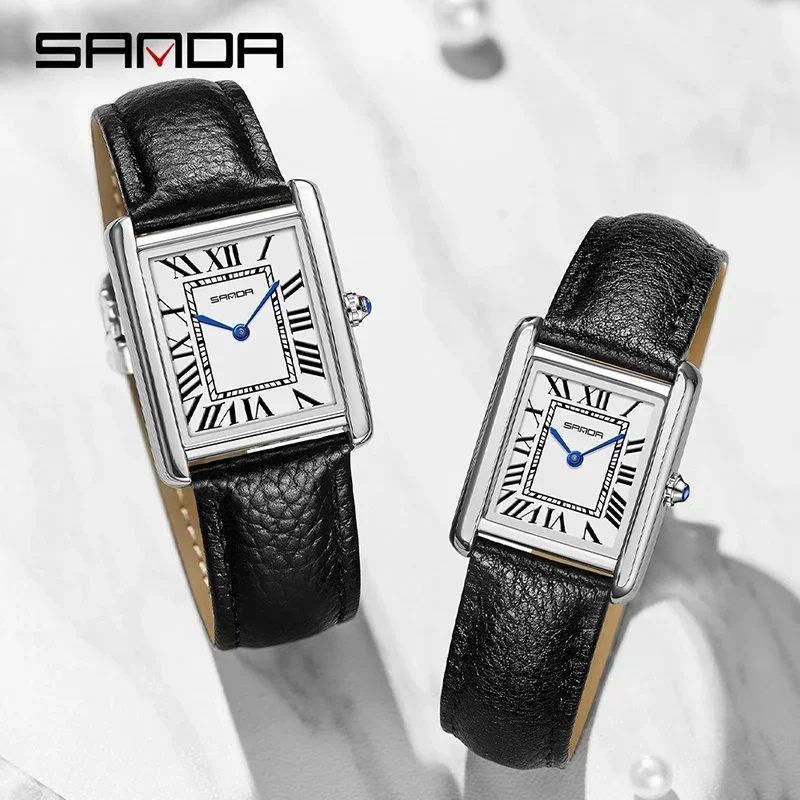 SANDA 2023 nuevo Reloj de pareja 30M impermeable Casual relojes de cuarzo de moda resistente al desgaste correa de cuero diseño de esfera cuadrada Reloj