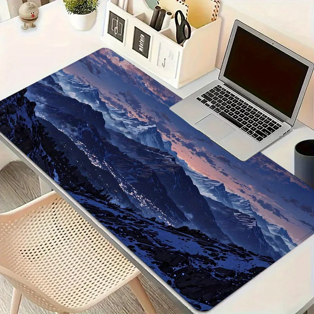 Anime Style Snowy Mountain Valley Twilight Printed Desk Pad Extra Large Soft Rubber Mouse Pad Dramatic Aesthetic Gaming Mat