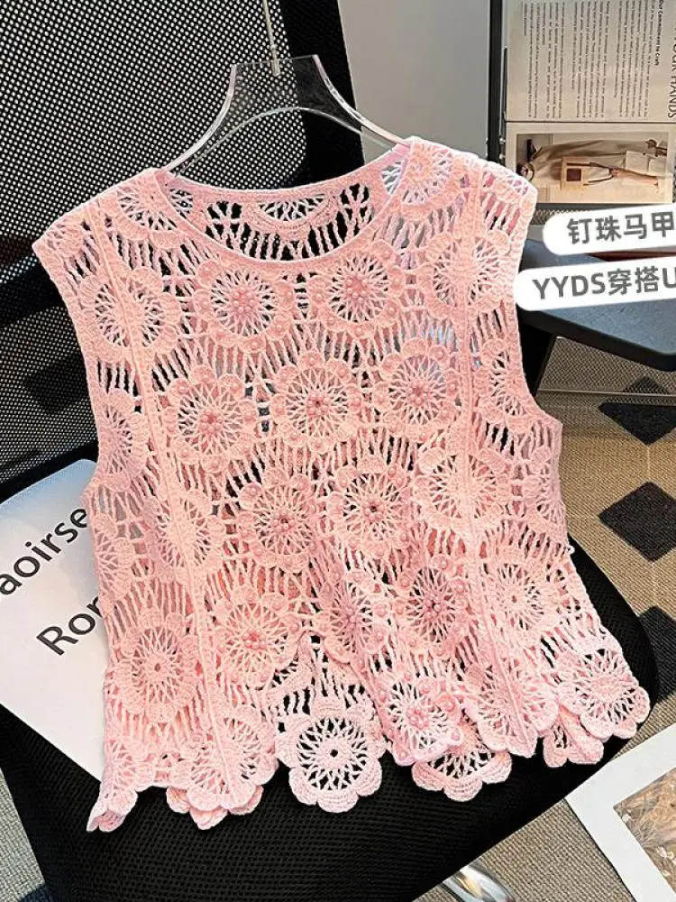 

Женский желтый вязаный жилет без рукавов, корейский модный модный летний зеленый розовый круглый вырез, сексуальный ажурный пуловер, майка