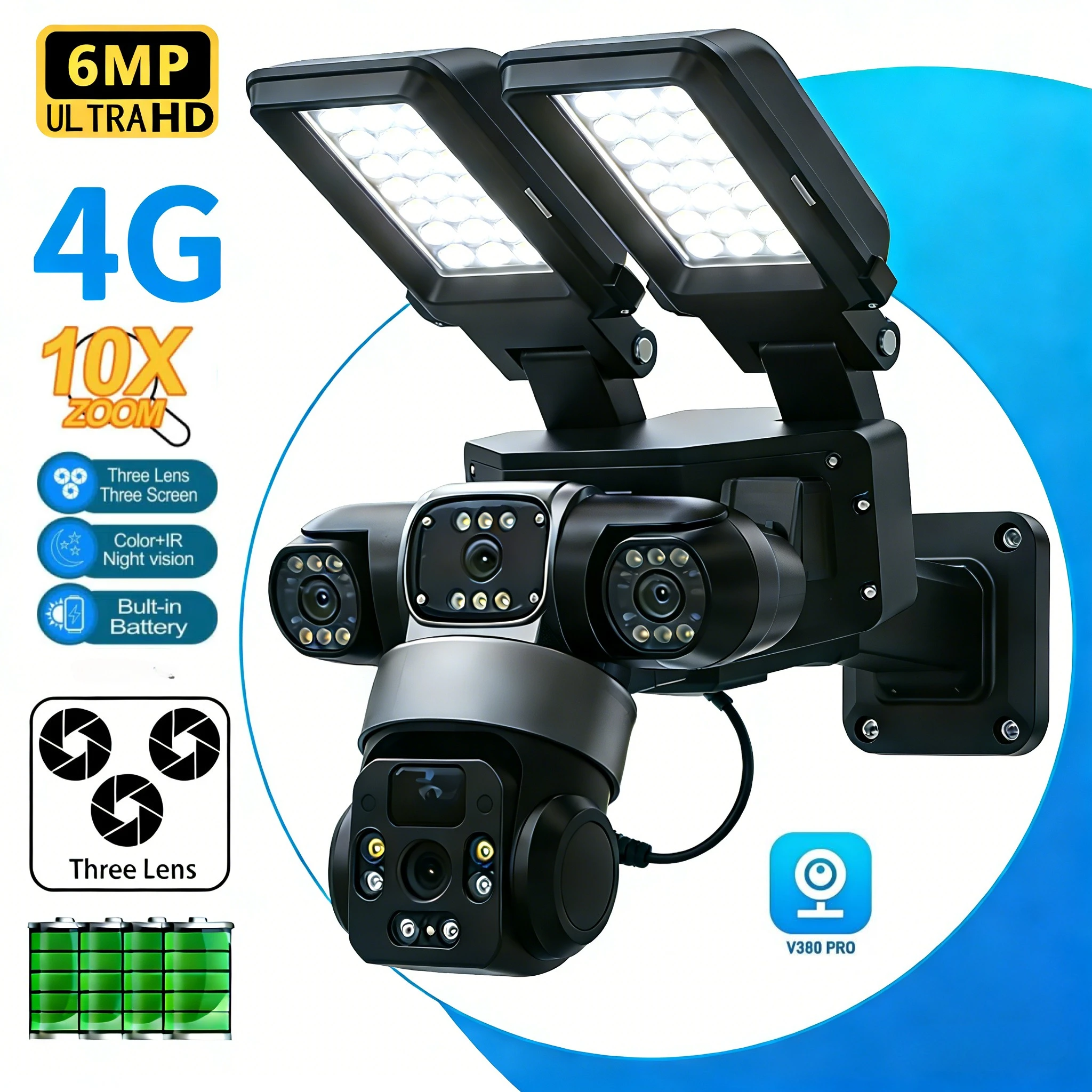 

4G LTE Солнечная камера безопасности для улицы с беспроводным освещением 360° ° PTZ-камера с сиреной, 3 объективами, ночным видением и защитой от непогоды для видеонаблюдения