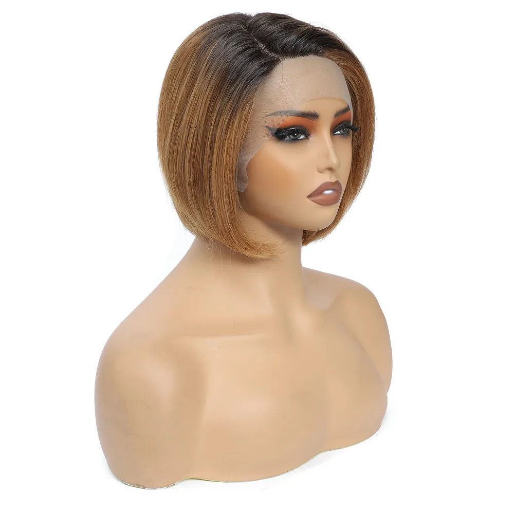 T-Front Lace Pixie Cut Echthaarperücken für Frauen, Farbe Braun, Pixie Cut Perücke, 180% Omber Braun, glatte Echthaarperücken HairUGo – Detail 3