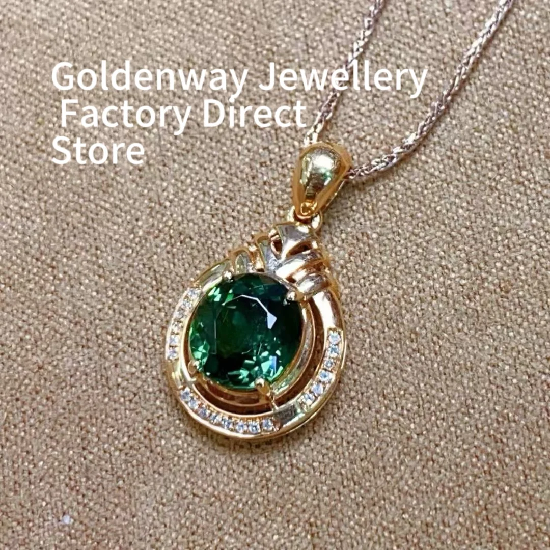

Certificated 18K Real Gold Natural Tourmaline Diamond Green Gemstone Chic Pendant Adjustable Long Chain Elegant Women Jewelry