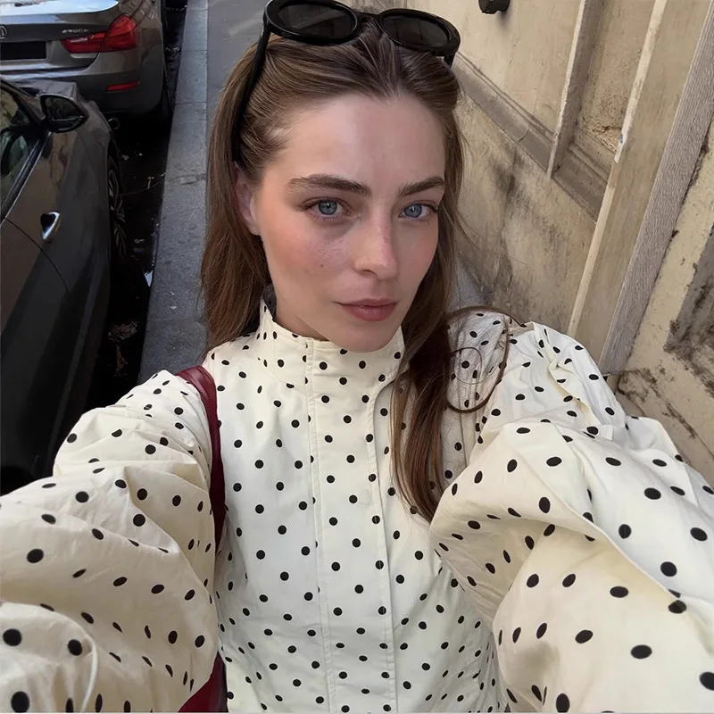 TARUXY موضة البولكا نقطة طباعة سترة معطف المرأة الوقوف طوق بأكمام طويلة ملابس العمل معطف Ins الساخن قصيرة سترات نسائية غير رسمية #5