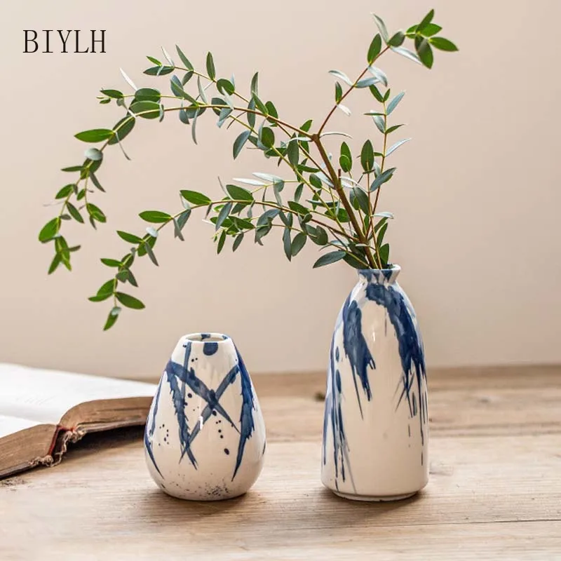 BIYLH Retro Ceramic Vase Hydroponic plants Home Decor Countertop Vase Underglaze Ink Painting Flower Arrangement Flower ware