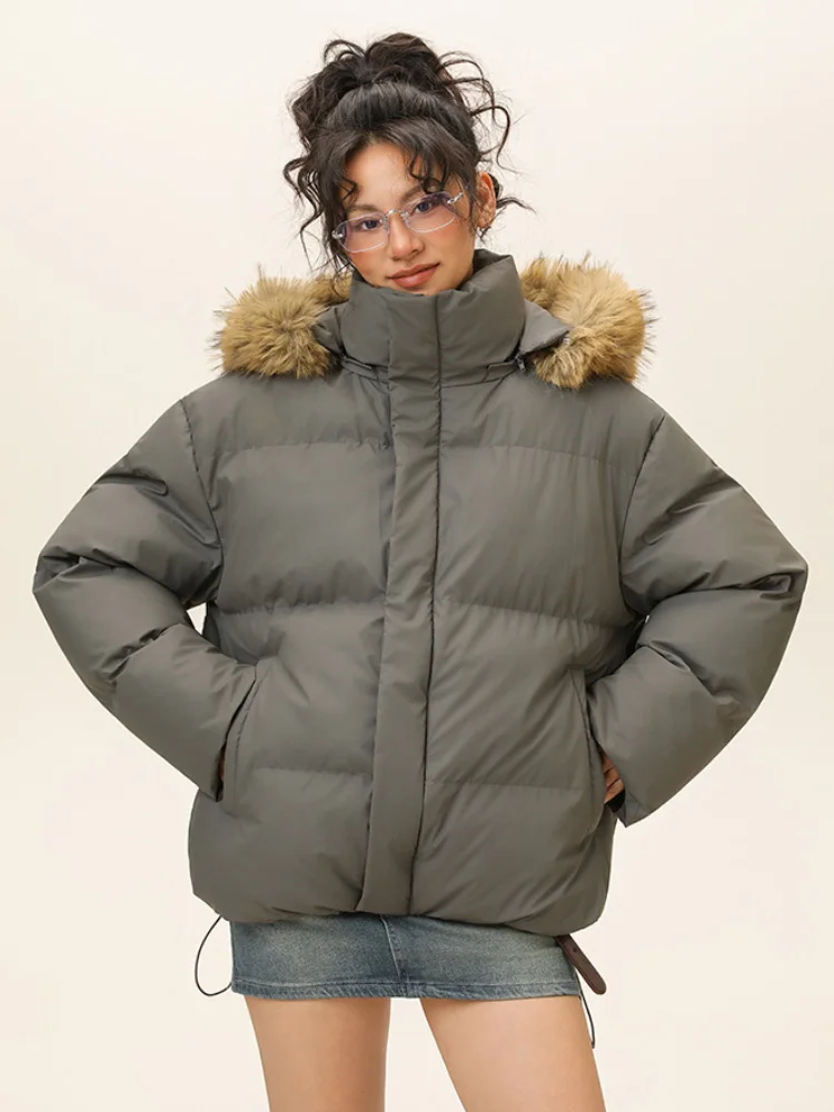 フード付き厚手暖かいジャケット女性のカジュアルだぶだぶのファッション冬チャケタスジッパーファースタンドカラールーズショートジャケタス