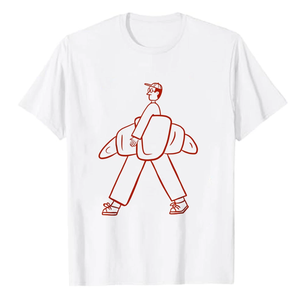 Surreal Croissant Man Red Single Line Graphic T-Shirt Unisex Bakery Pastry Art Lover Crew Neck Casual Tee Streetwear Cotton Tees