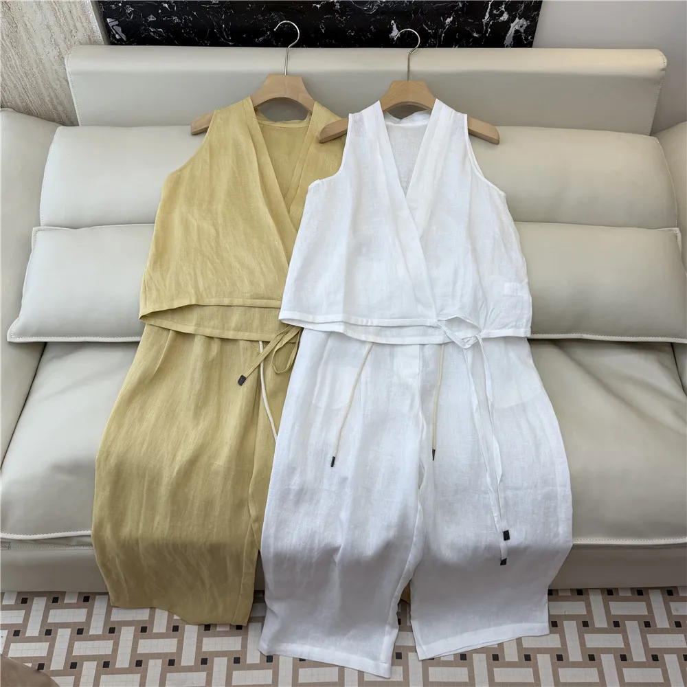 

100% Linen Sleeveless Top and Straight-Leg Pants Women's 2-Piece Outfit Set