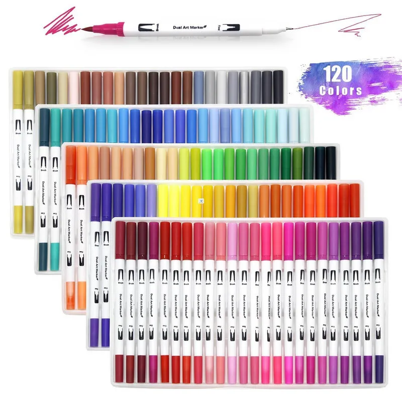 12/24/36/100/120 Colors Dual Brush Markers Pens Colored Pencil Watercolor Art Markers Fineliner Calligraphy Pens Art Supply