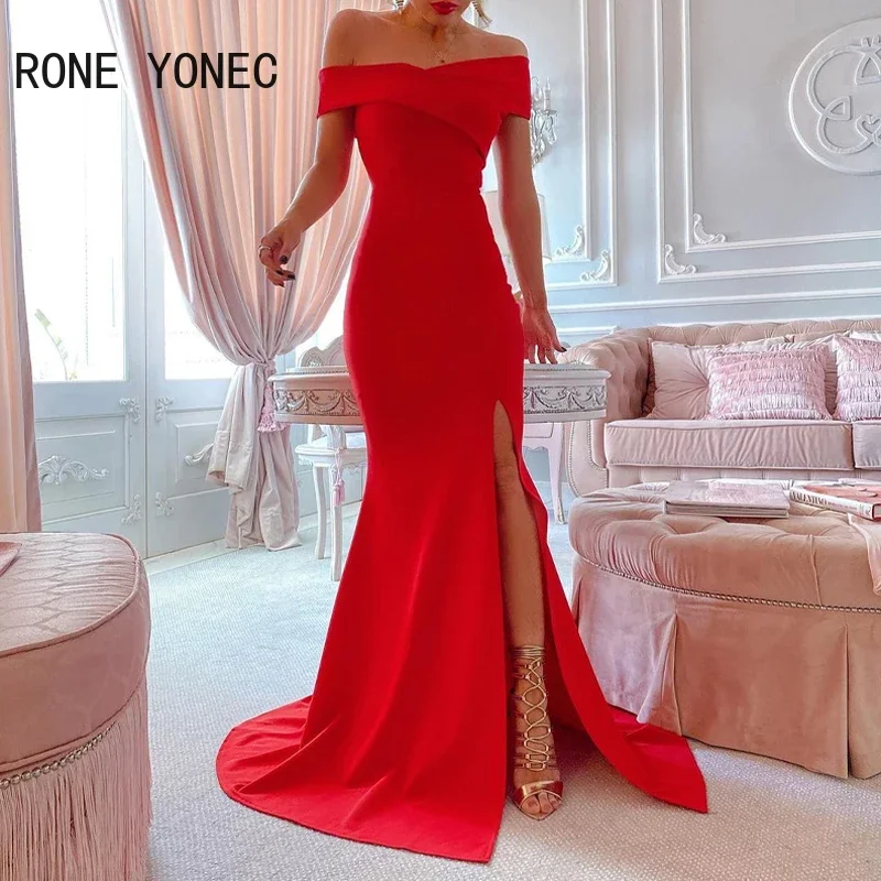 Women Solid Chic Off Shoulder Slash Neck High Silt Maxi Bodycon Sexy Formal Party&Wedding Dress