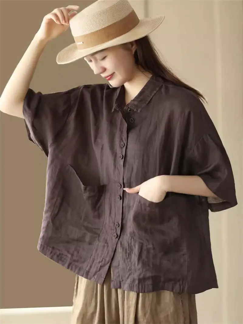 Retro Solid Color Summer Cotton Linen Shirt Women Short Thin Loose Versatile Stylish Casual Tops K620