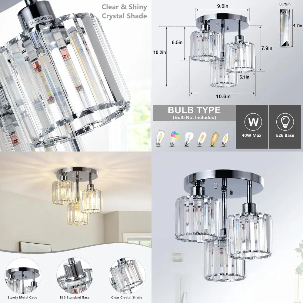 

3-Light Modern Semi Flush Ceiling Fixture with Clear Crystal Shades for Kitchen, Hallway, Bedroom, and Bathroom