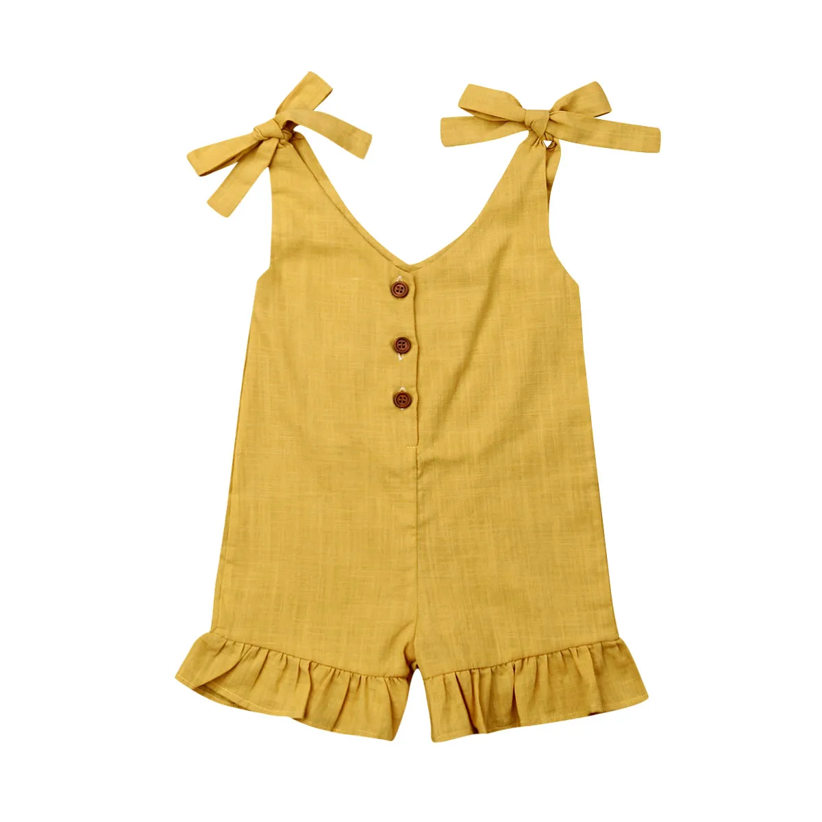 

Baby Girls Summer Sleeveless Romper Lace-up Button Down Solid Color Ruffled Jumpsuit V-Neck Cotton Linen Sunsuits Outfit