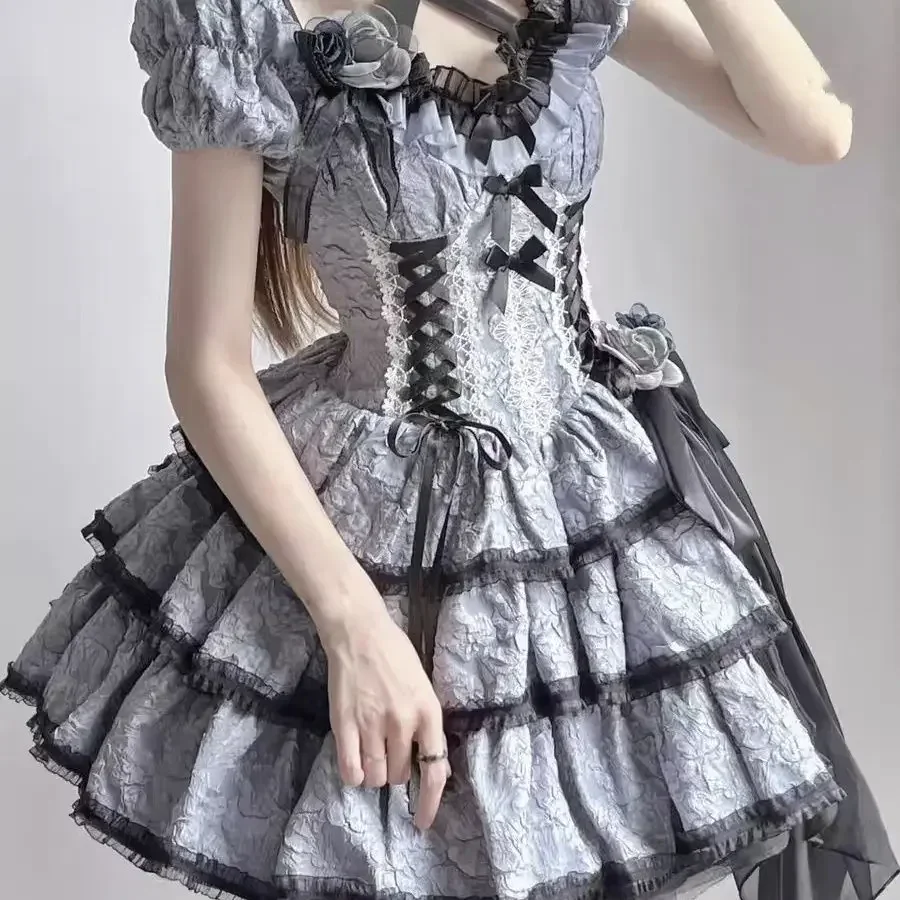 MAGOGO Gothic Lolita OP sukienka damska wiktoriańska Retro elegancka kwiatowa marszczona koronkowa bandażowa Mini sukienka Halloween dziewczyna urocza sukienka