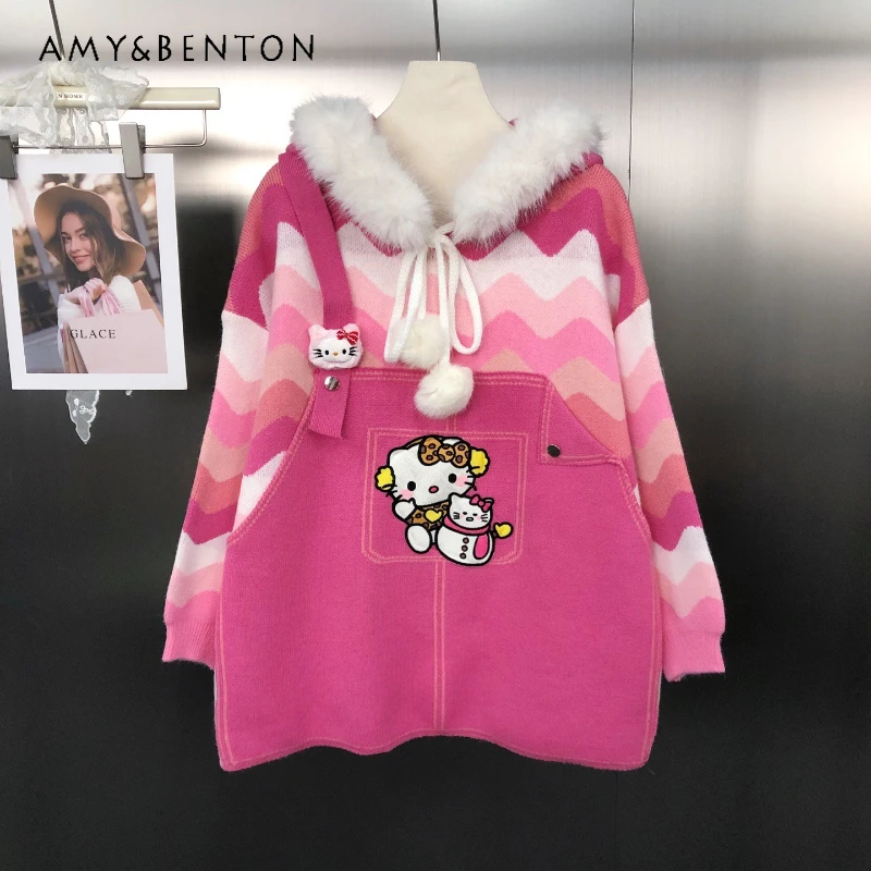 

Милый мягкий трикотаж с цветными блоками для девочек, полосатый искусственный двухсекционный трикотаж, пальто с мультяшной вышивкой, молодежный свободный свитер с капюшоном, топ