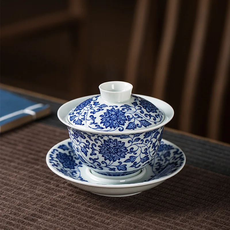 Handmade Hand-Painted Jingdezhen Interlock Branch Sancai Gaiwan Tea Cup Single Ceremony Bowl Kung Fu Set Making Device