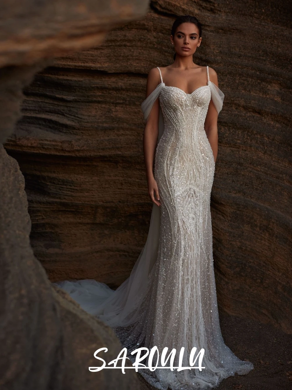 

Nude-ivory Sheer Elegant Draped Straps Wedding Dress Dainty Pearls Mermaid Customized Dazzling Beautiful Newest Bridal Gown