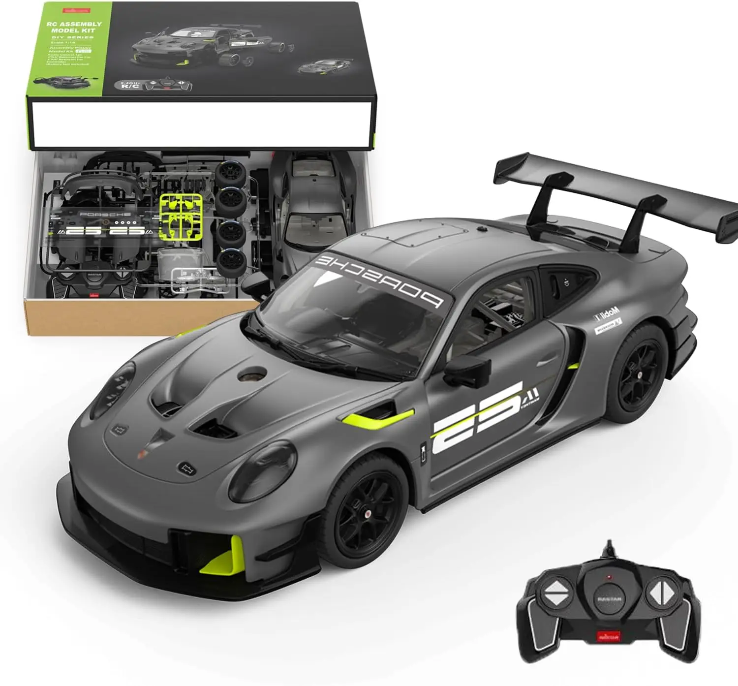 1:18 Scale RC Sports Car Building Kit - 2.4GHz Remote Control Race Vehicle with 76 Pieces, Opening Doors, Working Headlights, Electric Hobby Toy Gift for Adults, Kids, and Boys - Grey