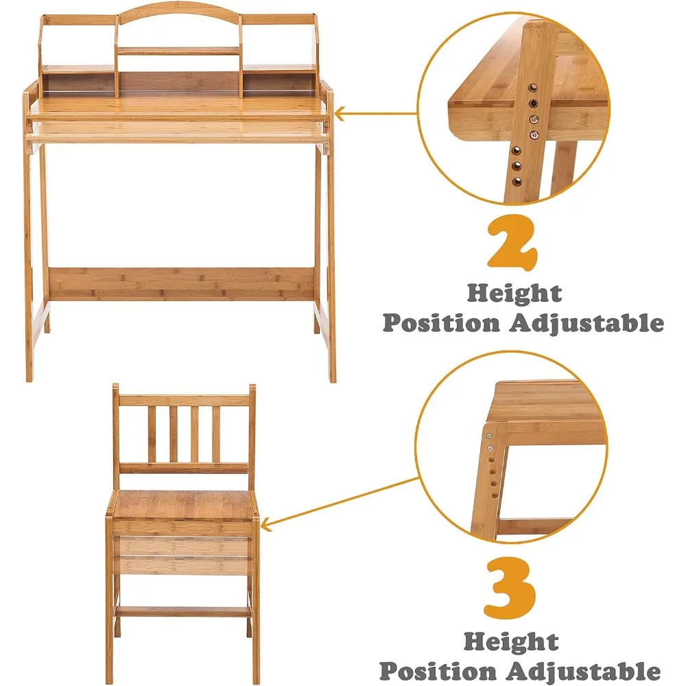 UNICOO-Altura ajustável Bambu Conjunto de Mesa e Cadeira para Crianças, Crianças Estudo Mesa e Cadeira Set, Natureza-01