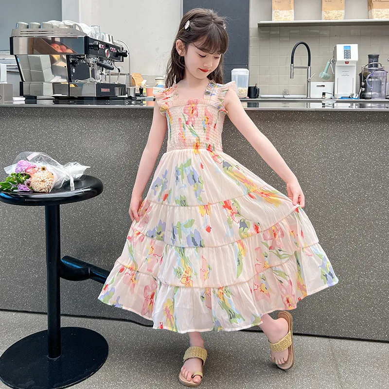 Girls Dress 2024 Summer New Childrens Clothes Western Holiday Style Beach Strap Floral Princess Dress Casual Simple Daily image 2
