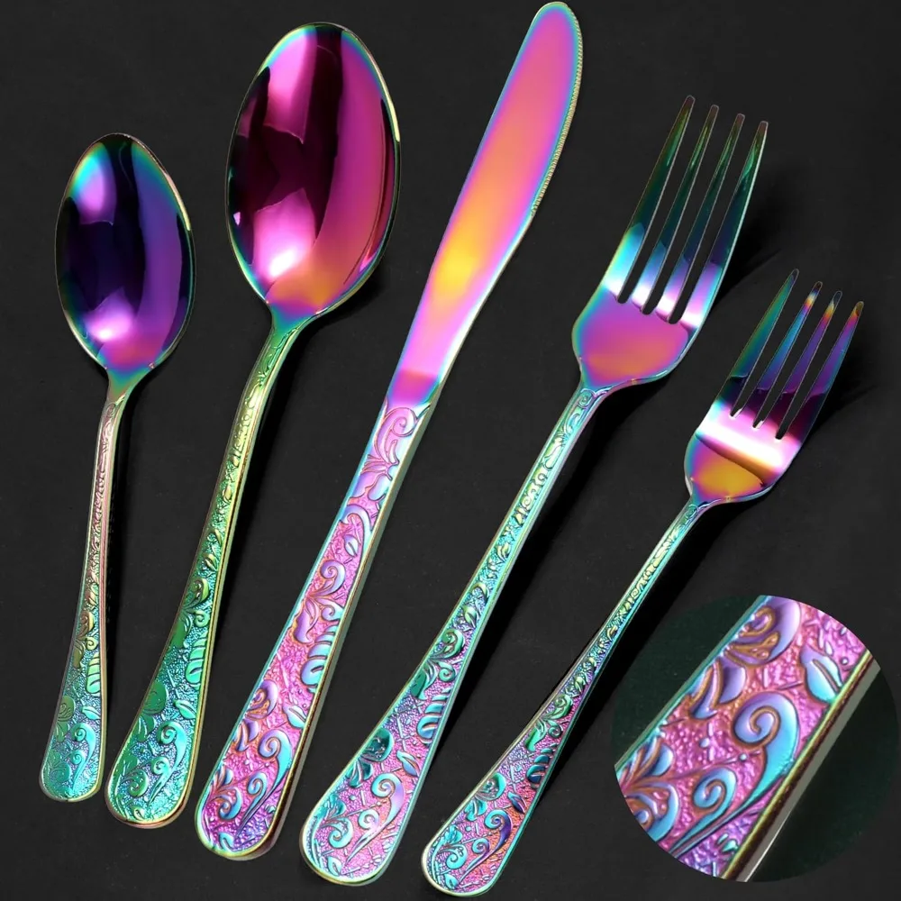 

40-Piece Vintage Carved Rainbow Silverware Set for 8, Stainless Steel Flatware with Knife/Fork/Spoon, Dishwasher Safe