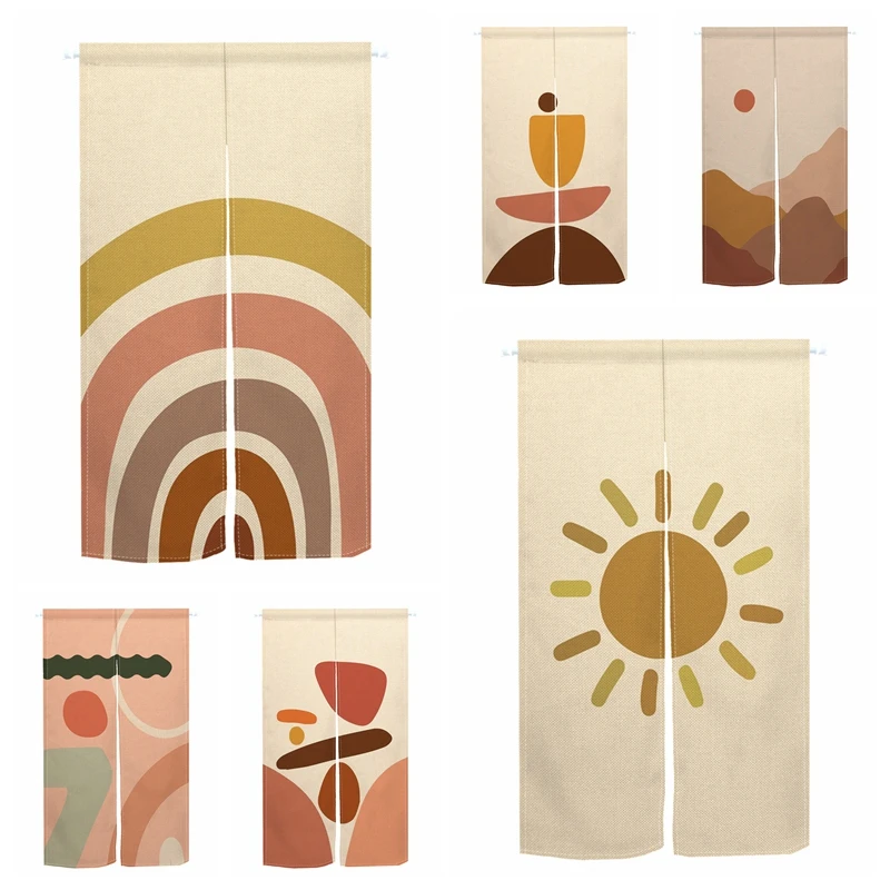 Estilo boho noren porta cortinas sol arco-íris abstrato padrão geométrico linho cortina de porta entrada da cozinha dividir meia cortinas