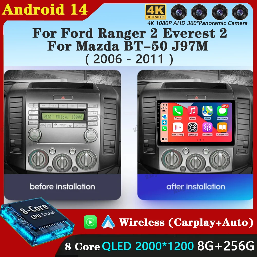 Car Raido Android 14 For Ford Ranger 2 Everest 2 For Mazda BT-50 J97M 2006 - 2011 Screen Multimedia Player Autoradio Head Unit