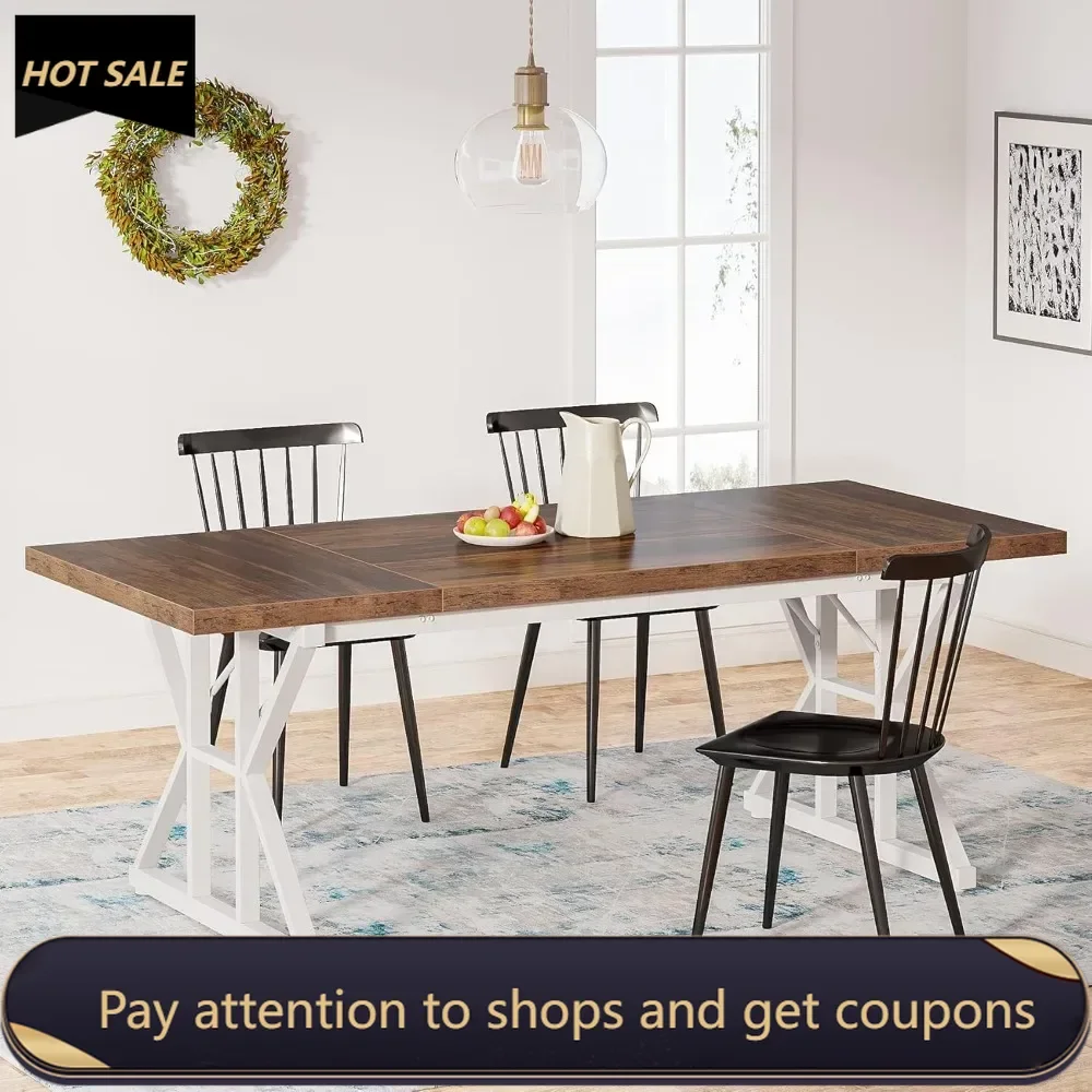 

Farmhouse Dining Table for 6 People, 70.8-Inch Rectangular Wood Dining Table, Rustic Kitchen Table with Heavy Duty Metal Legs