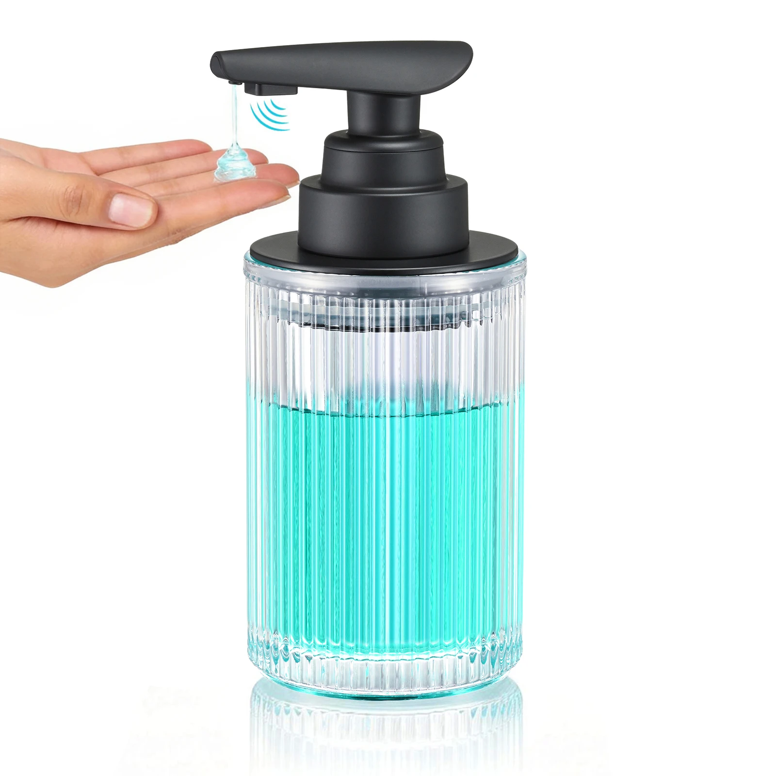 

Contactless Automatic Glass Soap Dispenser — Type-C Rechargeable — Matte Black Pump Head — 12 fl oz — Suitable for Kitchen & Bat