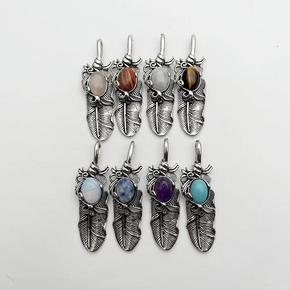 fashion Good quality leaf Natural Stone amethyst Tiger eye necklace Pendant Jewelry Making charm Accessories 8pc