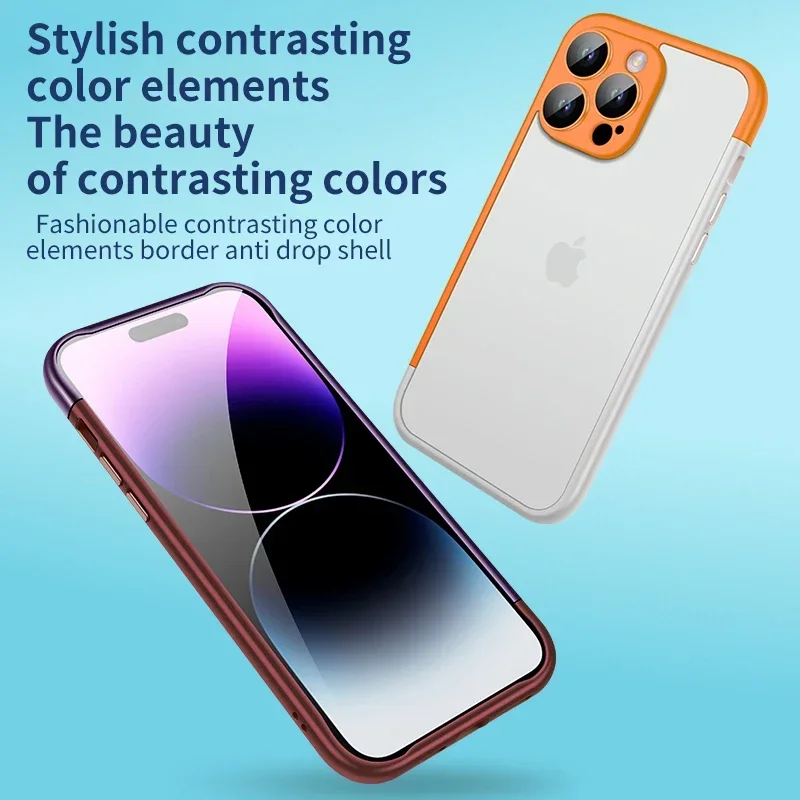 Luxury 2in1 Metal Frame Color Contrast Phone Case for iPhone 14 15 ProMax 12 13 Pro Max Plus Shockproof Lens Glass Slim PC Cover