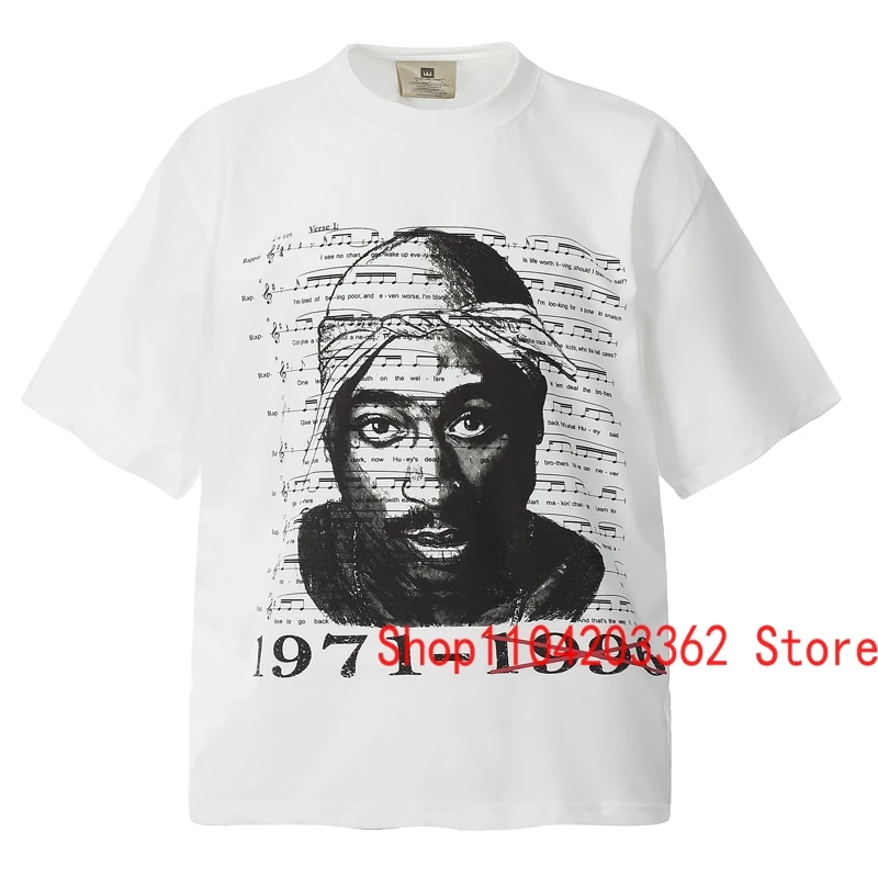 Classic White Portrait Song Notation Print Tees 2PAC T-shirt High Quality Cotton Short Sleeve Men Women Loose Tupac Streetwear