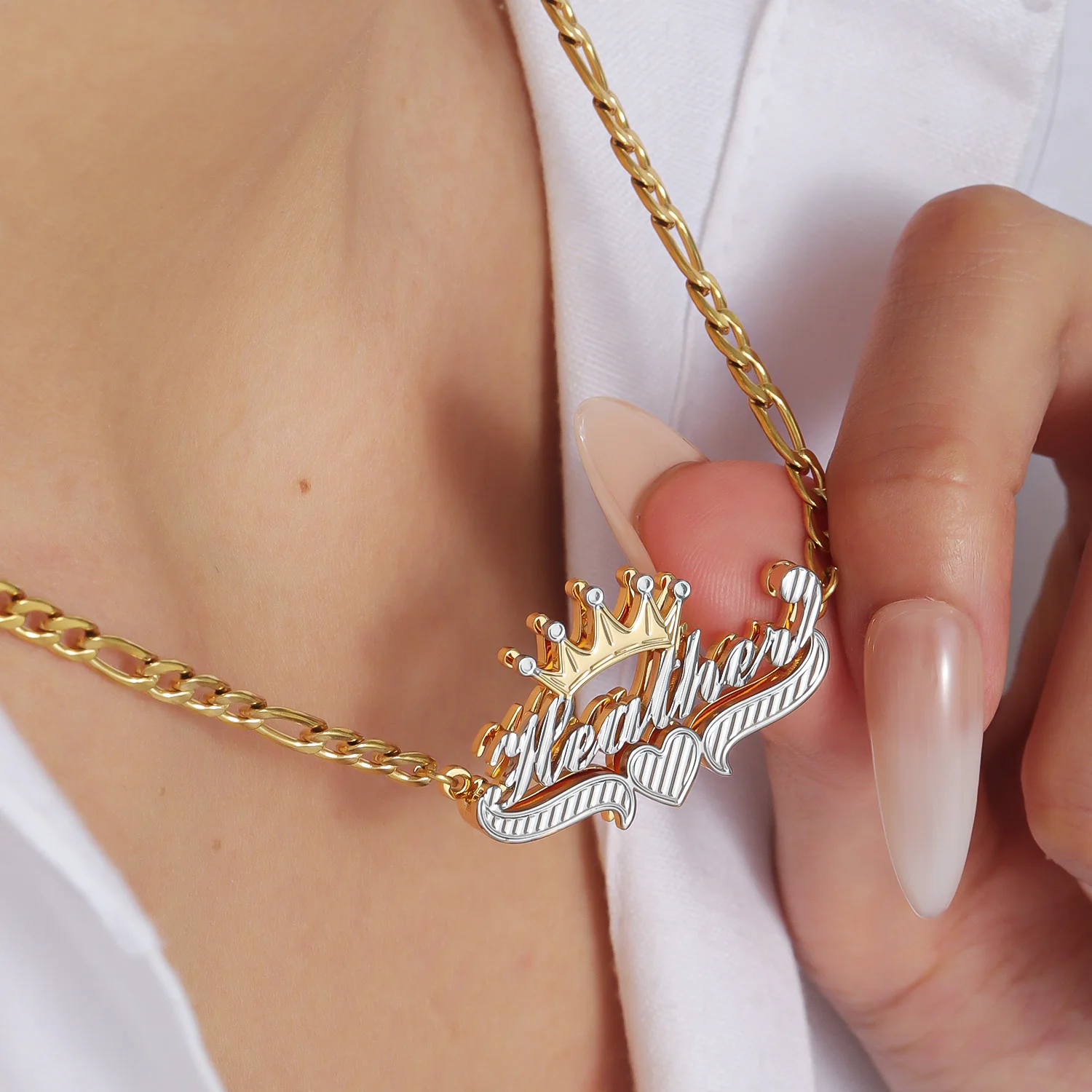 

Custom 3D Two Color Name Necklace with Crown 18K Gold Plated Personalized Double Layer Nameplate Pendant Jewelry Gift for Her
