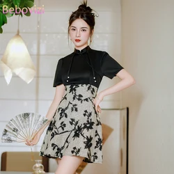 Retro New Chinese Style Stitching A-line Qipao Dress Summer Short Sleeve Elegant Cheongsam