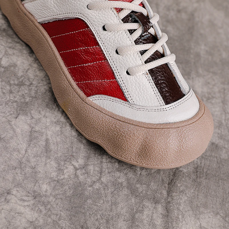 New Cowhide Real Leather Casual Flats Women Retro Color Block Lace Up Oxfords Shoes Woman Wavy Platform Moccasins Walking Flats